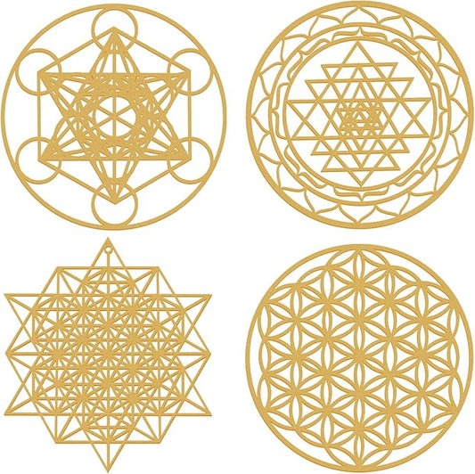 Leinuosen 4 Pcs 12 Inch Crystal Grid Board Sacred Geometric Wall Art Set Metatron Cube, Flower of Life, Sri Yantra, 64 Star Tetrahedron Pagan Decor Home Wall Decor for Room(Gold)