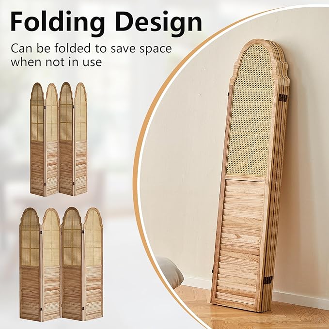4 Panel Rattan Room Divider Panel, 5.6Ft Partitions and Dividers, Louvered Partition Divider, Room Dividers Screen, Solid Wood Frame, Folding Screen, Bedroom, Family Room, Light Brown