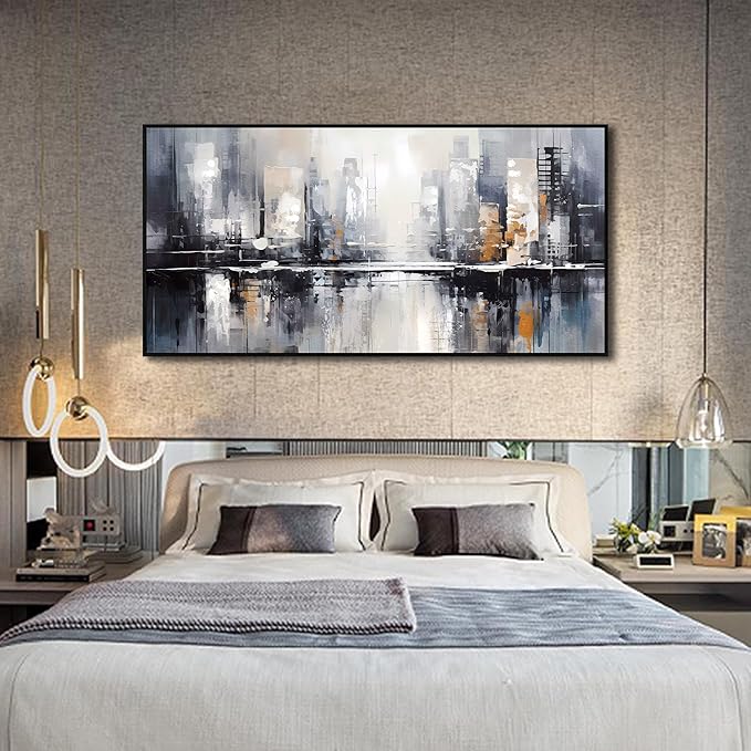 Abstract Wall Art for Living Room, Black White and Gold Wall Decor for Bedroom, Gray City Canvas Print, Large Size 59 x 29 Inches Framed