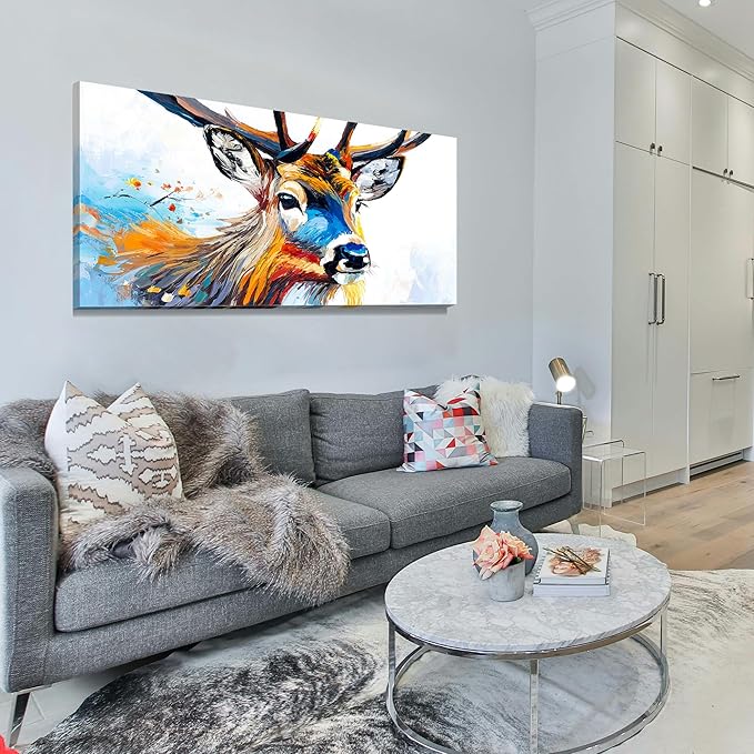 AmoyArt Deer Wall Art for Living Room, Animal Canvas Wall-Decor for Bedroom, Colorful Print Picture for Home, Large Size 58x29 Inches