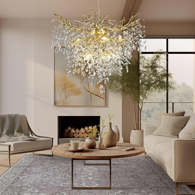 40 inch Crystal Chandelier for Dining Room, Round Gold Tree Branches Chandeliers, Top K9 Crystal Chandelier, Modern Chandeliers for Kitchen,Foyer Entryway