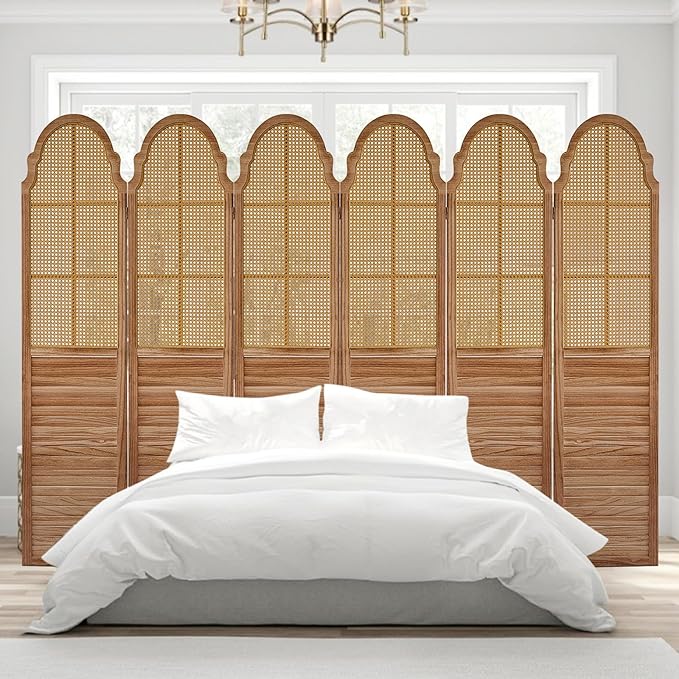6 Panel Rattan Room Divider Panel, 5.6Ft Partitionsand Dividers, Louvered Partition Divider, Room Dividers Screen, Solid Wood Frame, Folding Screen, Bedroom, Family Room, Light Brown