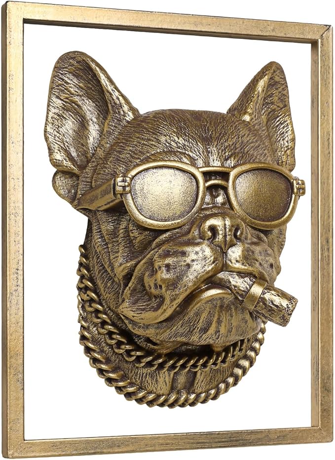 Animal Heads Wall Decor (Includes Metal Frame) Resin Animals Sculptures Head Wall Hanging Decoration Gold vintage Wall Sculpture for Living Room Bedroom Office(Bulldog)