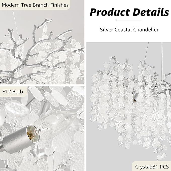 32 Inch Modern Tree Branch Light Fixture, 10-Light Large Contemporary Bedroom Chandeliers, Hanging Round Coastal Chandeliers for Dining Room Foyer Living Room, Silver