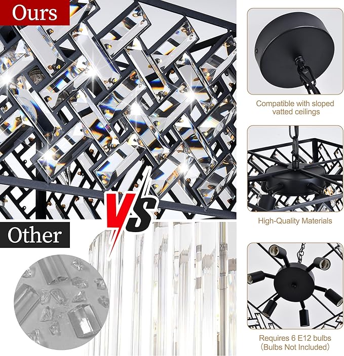 Modern Crystal Chandelier, 6-Light Black Chandeliers for Dining Room with Adjustable Chain, 51 Inch Ceiling Light Fixture for Bedroom, Foyer (Bulbs Not Included)