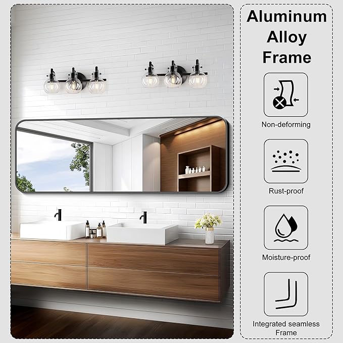 KOCUUY Black Bathroom Mirror 60"x20", Large Vanity Mirror with Rounded Corner, Metal Black Frame with Mordern Design for Bathroom, Living Room, Entryway, Hang Horizontal/Vertical