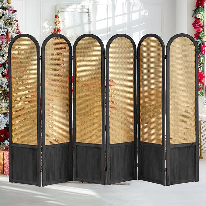 6 Panel Room Divider and Folding Privacy Screen, 5.6 Ft Foldable Double Hinged Rattan Partition, Hand-Woven Rattan Room Divider Portable Wood Freestanding Wall Divider for Room Separation - Black