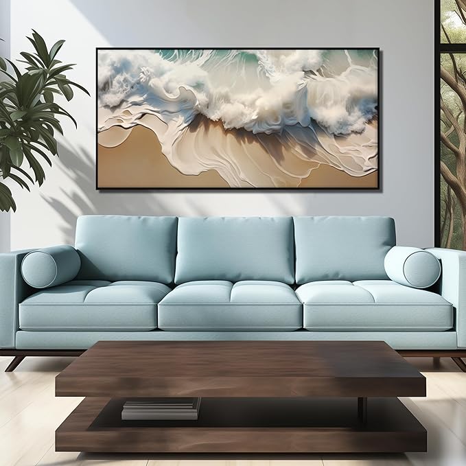 Ocean Waves Canvas Wall Art with Black Frame, Beach Scenery View Home Decor Picture, Sea Waves Canvas Wall-Decoration for Living Room, Seaside Scene Large Decorative Print Artwork for Bedroom 59"x29"