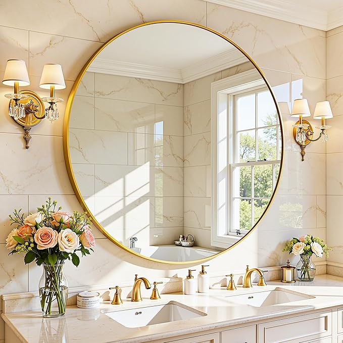 Antok Wall Mirror, 30"x30" Bathroom Vanity Mirror, Anti-Rust HD Tempered Glass, Wall Mounted Mirrors for Living Room, Entryway, Gold Frame, Round