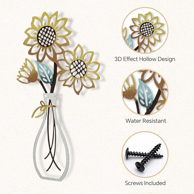 Mcdagogn 3 Pieces Metal Flowers Wall Arts - Rustic Farmhouse Wall Decor, Minimalist Beige Flower Wall Decor for Living room Bathroom Bedroom Laundry Room Kitchen Office - Housewarming Gifts