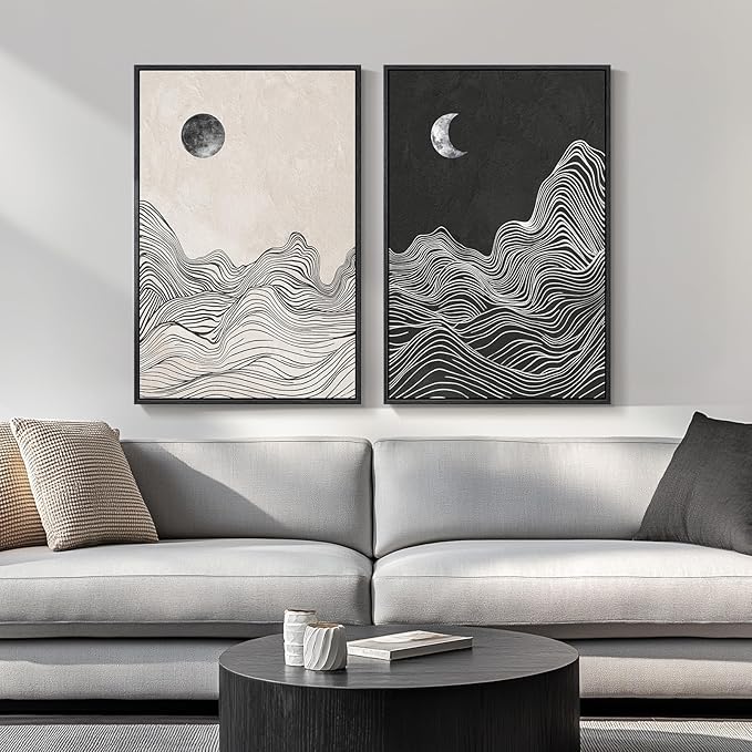 Large Framed Black and White Abstract Wall Art, Set of 2 Modern Canvas Prints Paintings Artwork for Walls, Abstract Mountain and Moon Pictures for Living Room, Bedroom, Dining Room Wall Decor 20x30 In