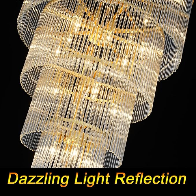 Large Gold Glass Chandelier, 5-Tier Modern Chandelier Light Fixture for High Ceiling Foyer Entryway Luxury Staircase Living Room Golden H49 D27.5