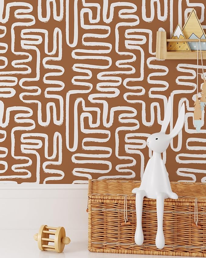 Minimalist Lines Wallpaper | Removable Self Adhesive Brown Boho Wallpaper | Geometrical Abstract Lines Peel and Stick Wallpaper (1 roll 24" W x 132" H)