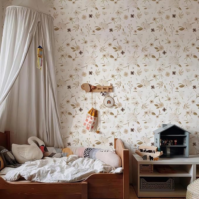 17.3"x236" Warm White Peel and Stick Wallpaper Autumn Brown Floral and Leaf Contact Paper Self Adhesive Removable Waterproof Wall Paper for Living Room Wall Decor