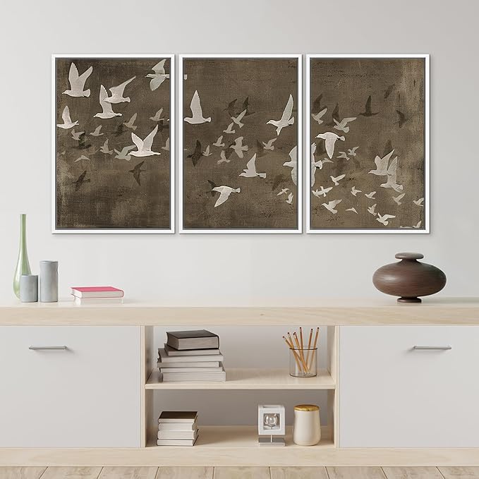 MUDECOR Framed Wall Art Print Set Flock of Abstract Birds in Flight Earthy Tones Illustrations Modern Art Boho Decorative Colorful Chic for Living Room, Bedroom, Office - 24"x36"x3 White