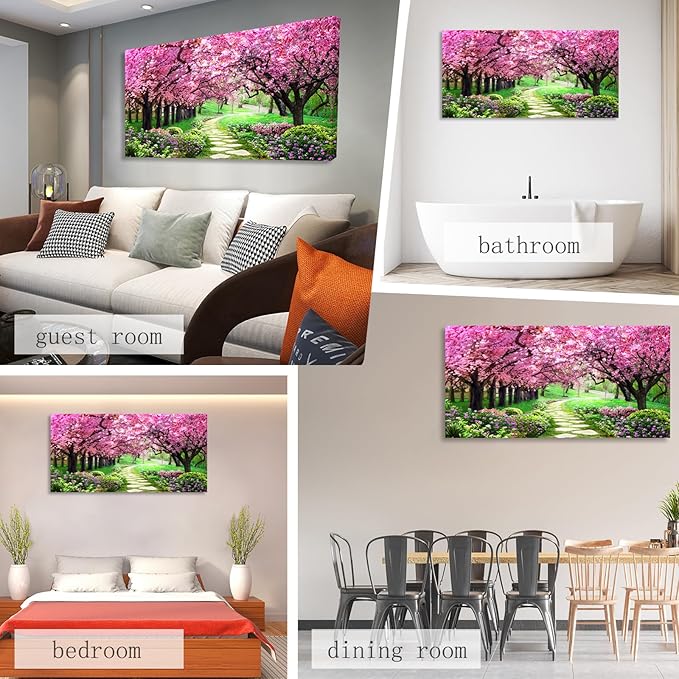 Aibonnly Canvas Wall Art Painting Pink Cherry Blossoms 1 Piece Park Tree Forest Wallpaper Spring landscape Picture Poster Print Framed and Stretched Ready to Hang for Living Room Bedroom Artwork