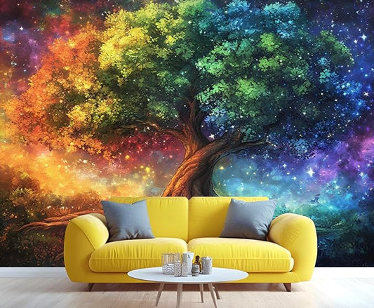 Colorful Tree Crowns Wall Murals, Thick Tree Trunks Mural Wallpaper, Starry Sky Wall Decor, Brilliant Colors Mural for Bedroom, Treescapes Wallpaper for Living Room 196"（W） x 125"（H）