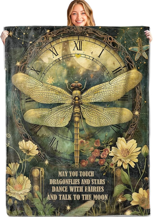 Mystical Dragonfly Fairy Throw Blanket, 50x60in, Soft, Lightweight Flannel,Celestial Vintage Clock, Yellow Flower Inspirational Quote Blankets, Gifts for Women, for Home Living Room Decor