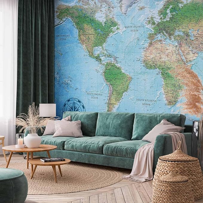 artgeist Premium Wall Mural World Map 118x83 in - XXL Non-Woven Wallpaper Fleece Wall Decor Photo Print Picture Image Design Home Map of The World k-A-0127-a-a