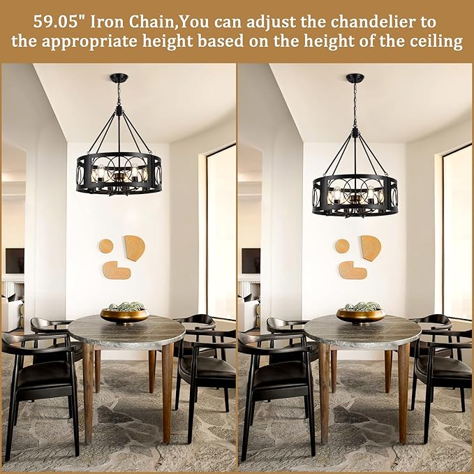Modern Farmhouse Chandelier, 6-Light Black Chandeliers for Dining Room, 21.6'' Rustic Adjustable Pendant Lights Drum Light Fixture for Entryway Living Room Foyer Kitchen Island Bedroom, E26