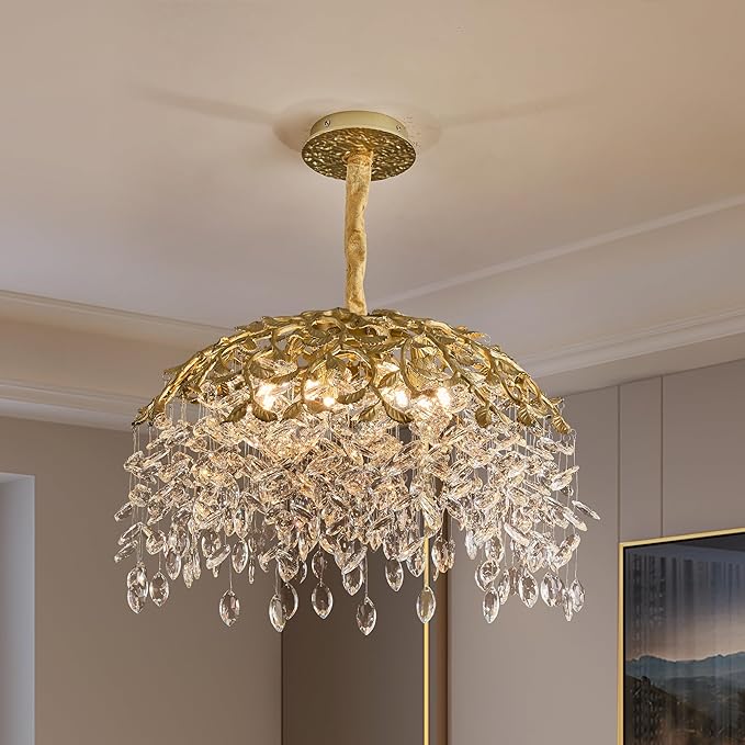Modern Crystal Chandelier for Dining Room, 8-Light 23.62" Gold Tree Branch Chandeliers, Luxury K9 Crystal Rectangular Chandeliers for Kitchen Island Living Room