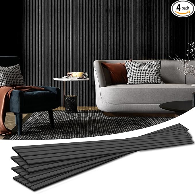 Art3d 4-Piece Wood Slat Acoustic Panels for Stylish Decor and Noise Reduction, 3D Textured Panel for Ceiling and Wall, Matte Black
