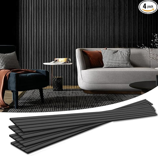 Art3d 4-Piece Wood Slat Acoustic Panels for Stylish Decor and Noise Reduction, 3D Textured Panel for Ceiling and Wall, Matte Black