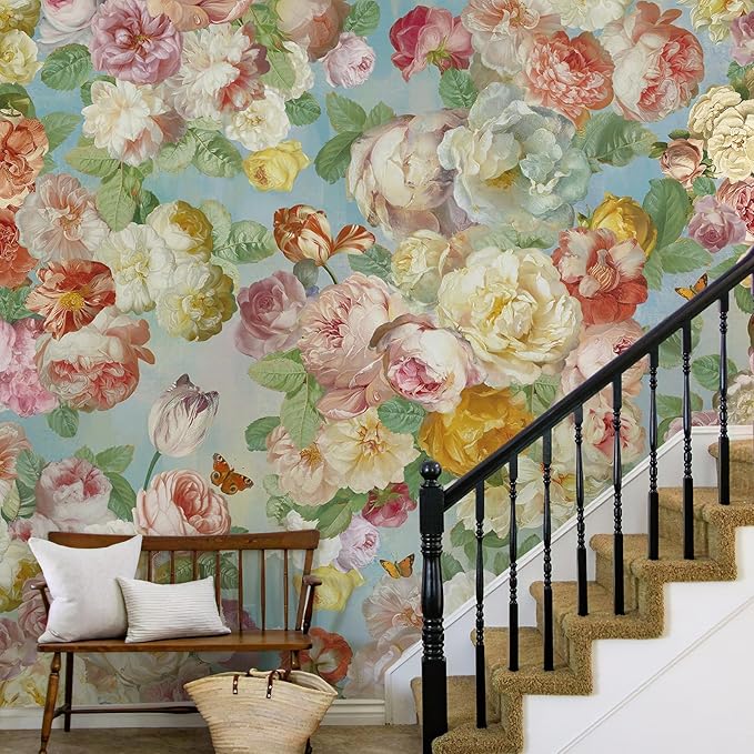 Large French Floral Wall Murals Colorful Peony Flower Wallpaper Peel and Stick 87" W x 110" H Self Adhesive Oil Painting Wallpaper for Bedroom Living Room TV Background Home Wall Decor