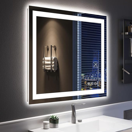 36x30 Inch LED Bathroom Mirror with Lights Front and Backlit Lighted Vanity Mirror for Bathroom Wall with 3 Colors Dimmable Anti-Fog Memory Shatter-Proof IP54 Waterproof Horizontal/Vertical