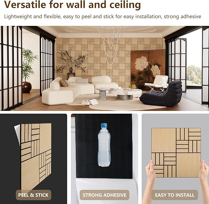 4 Packs Acoustic Wall Panels - Self-Adhesive 3D Wood Slat Wall Panel- Peel and Stick Sound Absorbing Panels for Noise Reducing - Feature Wall Decor for Home & Office