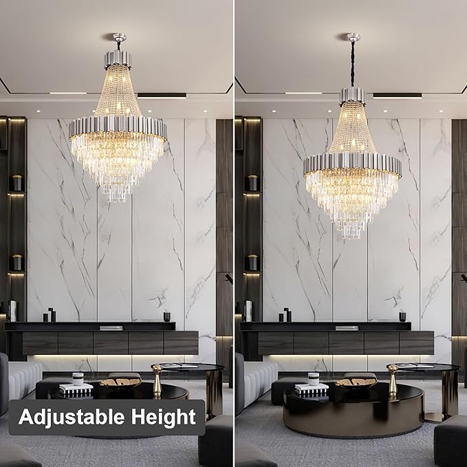 54" Long Crystal Chandelier for High Ceilings, 21-Light Modern Silver Large Chandeliers for Staircase Foyer Entryway Living Room Hallway, Luxury Top K9 Crystal Tiered Ceiling Light Fixture