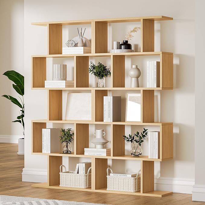 Oak 5-Tier Geometric Bookcase, S-Shaped Modern Bookshelf Set of 2, 62.6" Tall Room Divider Book Shelf, Decorative Display Shelf