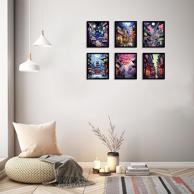 Luodroduo Japanese Wall Art Set of 6 Japan Rural Architecture Abstract Scenery Illustration Wall Decor Countryside Streets Canvas Art Poster for Living Room Bedroom Wall Art (A, 11"x14" UNFRAMED)