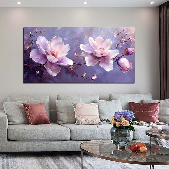ANCXWOTER Botanical Wall Art Pink Purple Flower Artwork Modern Floral Canvas Prints for Living Room Bedroom Office Kitchen 24"x48"