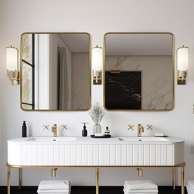 ANDY STAR 40x36 Inch Gold Bathroom Mirror, Brushed Gold Mirrors for Wall in Anti-Rust SUS304 Tube Metal Frame, Rounded Rectangle Mirrors 1’’ Deep Wall Mounted Vertically/Horizontal for Bathroom