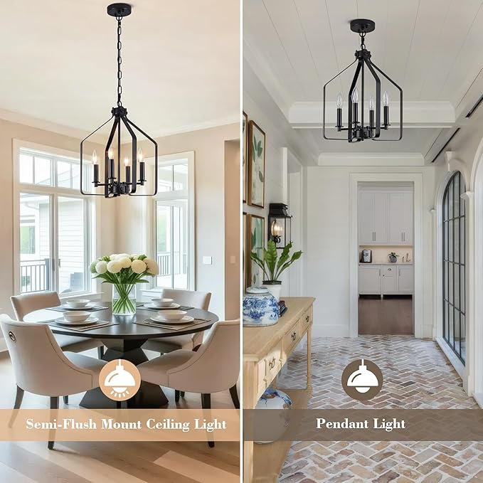 4-Light Black Farmhouse Chandelier, Geometric Industrial Cage Pendant Light, Adjustable Rustic Fixture for Dining Room, Kitchen Island, Entryway & Bedroom