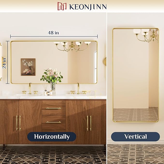 Keonjinn Gold Bathroom Mirrors for Over Sink 48” x 24” Large Brushed Brass Metal Framed Wall Mirror, Rounded Rectangle Bathroom Vanity Mirror, HD Tempered Glass Full Body Mirror(Horizontal/Vertical)