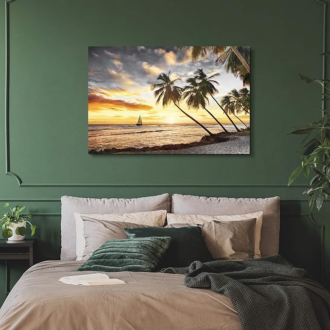 Beach Canvas Wall Art Decor: Bathroom Bedroom Ocean Coastal Scene Print Tropical Seascape Picture Sea Palm Tree Sailboat Artwork Seaside Seashore Landscape Painting for Home Office 36 x 24 Inch