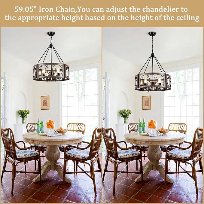 21.6'' Farmhouse Chandelier for Dining Room 6-Light Rustic Chandeliers Metal Black and Wood Grain Finish Drum Light Fixture for Bedroom Living Room Entryway Foyer Kitchen Island Lighting, E26