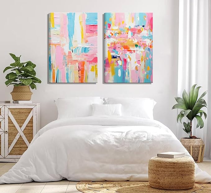 2Pcs Framed colorful abstract Wall Art College style girl art posters prints Modern Pastel texture Pictures Paintings Wall Decor for Girly Dorm Bedroom Living Room Decoration