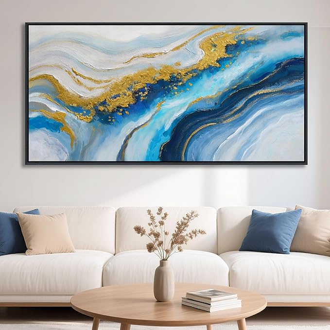 Blue Wall Art for Living Room - Abstract Canvas Wall Art, Modern Gold Painting, Office, Above Bed Wall Decor, Large Pictures for Bedroom Framed Artwork for Walls 29×58IN