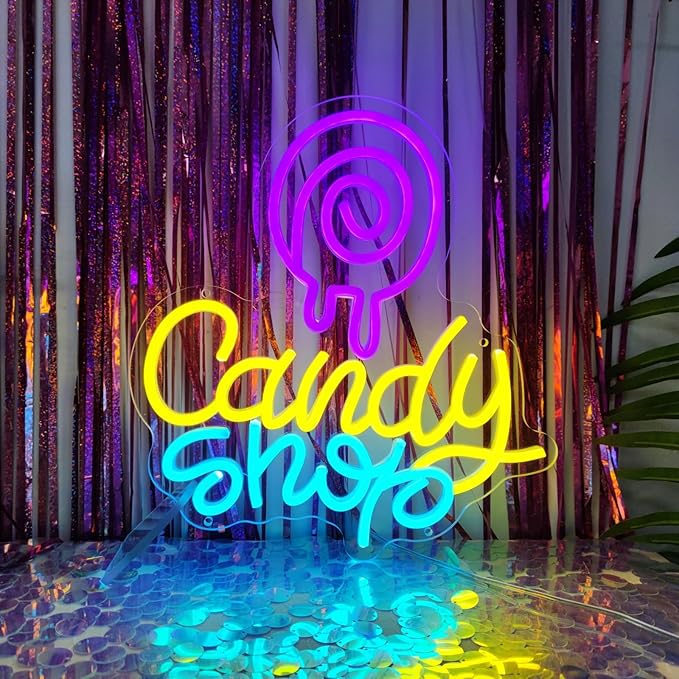 Candy Neon Sign Candy Bar Signs Candy Shop Neon Candy Sign Cherry Neon Signs for Wall Decor, NeonCandy Display Snack Sign for Sweet Shop Bedroom Birthday Party Decoration, 12.5" x 13.3"
