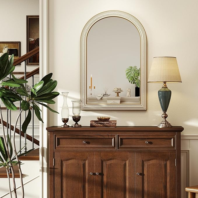 36x24 Inches Farmhouse Wooden Arched Wall Mirrors, Boho Decorative Arch Mirrors for Bathroom Over Sink, Living Room, Hallway, Foyer, Entryway