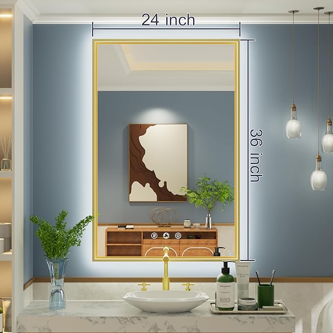 24x36 Inch Gold LED Bathroom Mirror with Front and Back Lighting, 3 Color Temp, Dimmable, Anti-Fog, Aluminum Frame Wall Mounted Lighted Bathroom Vanity Mirror