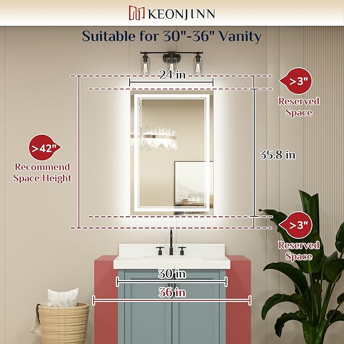 Keonjinn LED Bathroom Mirror 24" x 36" with Front and Backlight, Stepless 3 Colors Temperature & Dimmable Backlit Mirror, Double LED Strips, Anti-Fog Tempered Glass Vanity Mirror, UL Listed LED Driver