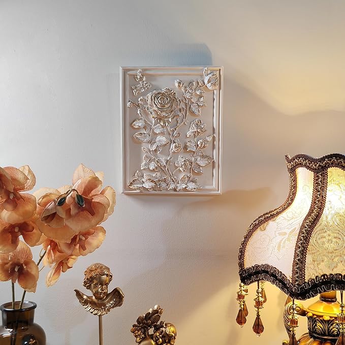 Kangce Vintage Wall Sculptures,Antique Wall Art with Hand-Carved Rose Pattern, Victorian Home Decor,for Living Room, Bedroom,Hallway Gallery,Rectangular,Off-White and Gold