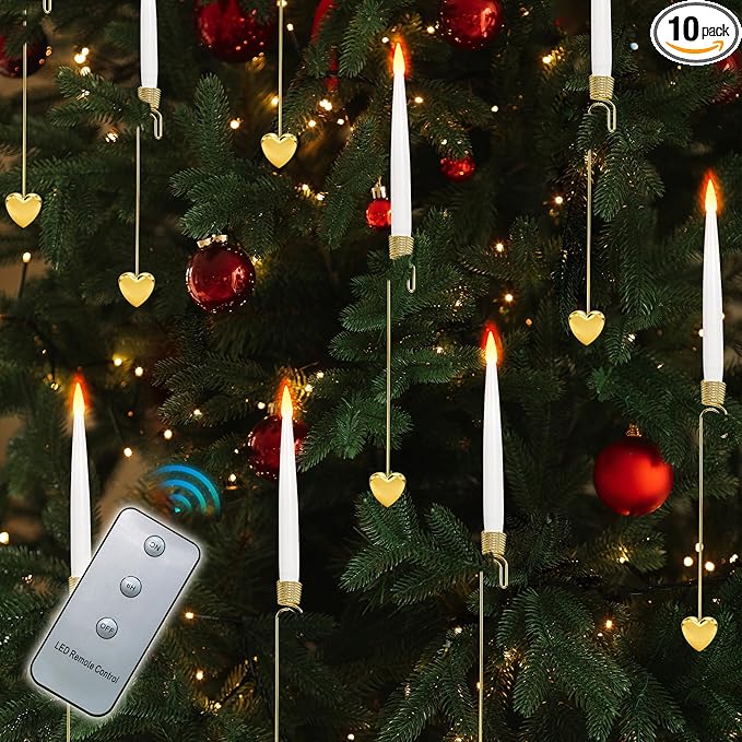 Christmas Tree Candles, 10 Pack Flameless Taper Candles for Christmas Tree Decor, Fake LED Candle Battery Operated with Remote for Xmas Wedding Home Gift with Gold Heart Hook