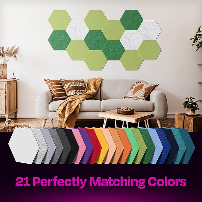 Acoustic Panels - 12-Pack Soundproof Wall Panels, 14"X12.1"X0.4", High Density Sound Dampening - Gin Green Hexagon
