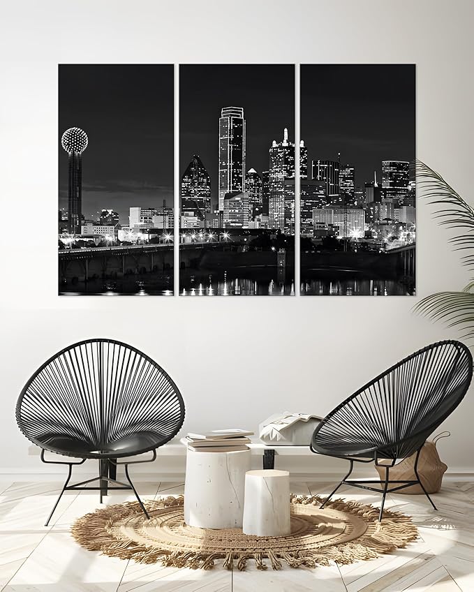 NAN Wind 3 Pcs Dallas Skyline Canvas Wall Art Black and White Cityscape Night Scene Modern City Giclee Prints on Canvas Framed Urban Home Decor Skyscrapers Picture Painting for Room Decor