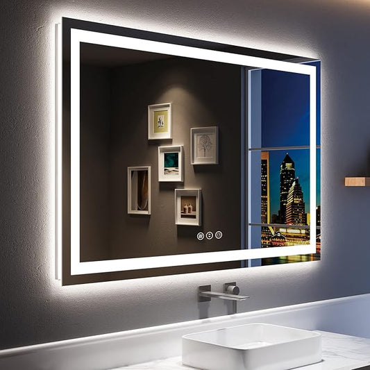 55x36 Inch LED Bathroom Mirror with Lights Front and Backlit Lighted Vanity Mirror for Bathroom Wall with 3 Colors Dimmable Anti-Fog Memory Shatter-Proof IP54 Waterproof Horizontal/Vertical